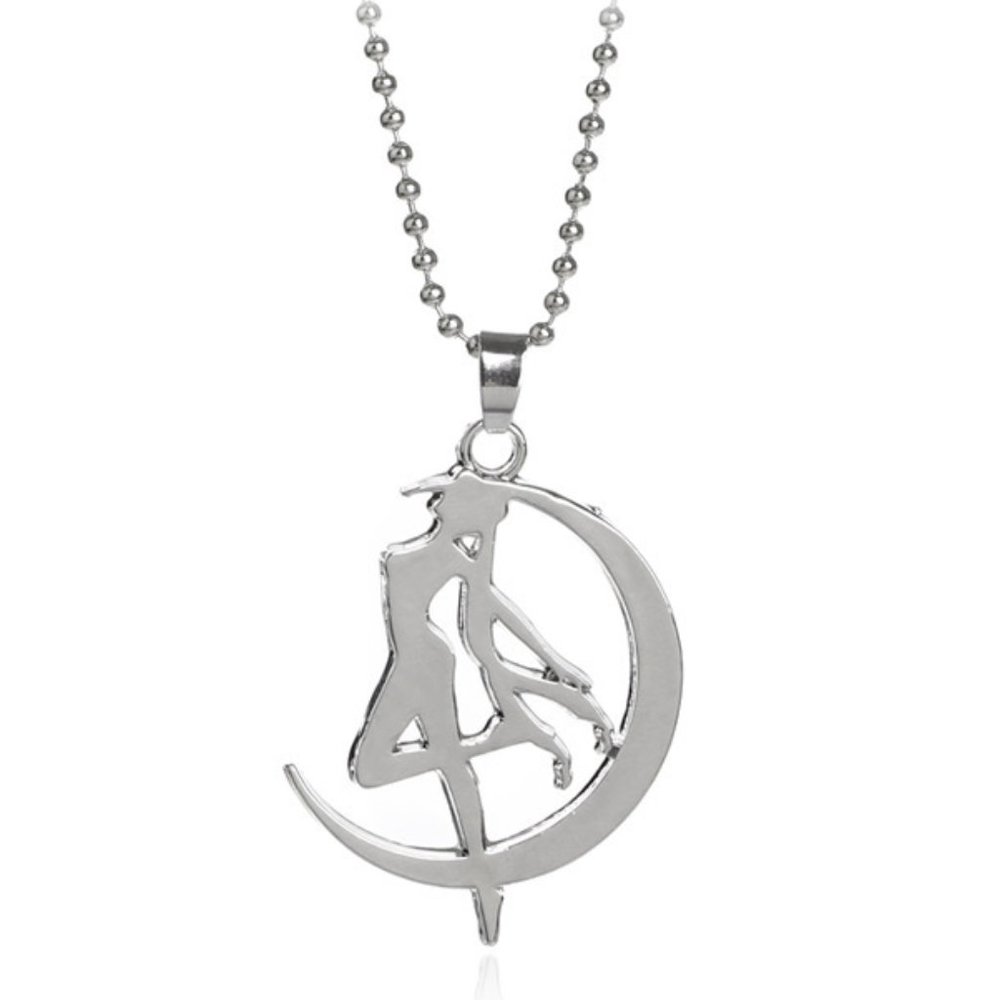 Silvertone Sailor Moon Transform Silhouette on Moon Necklace, New